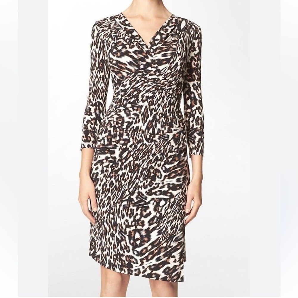CALVIN KLEIN Leopard Print Wrap Dress Polyester Spandex Blend Long Sleeve SZ 2